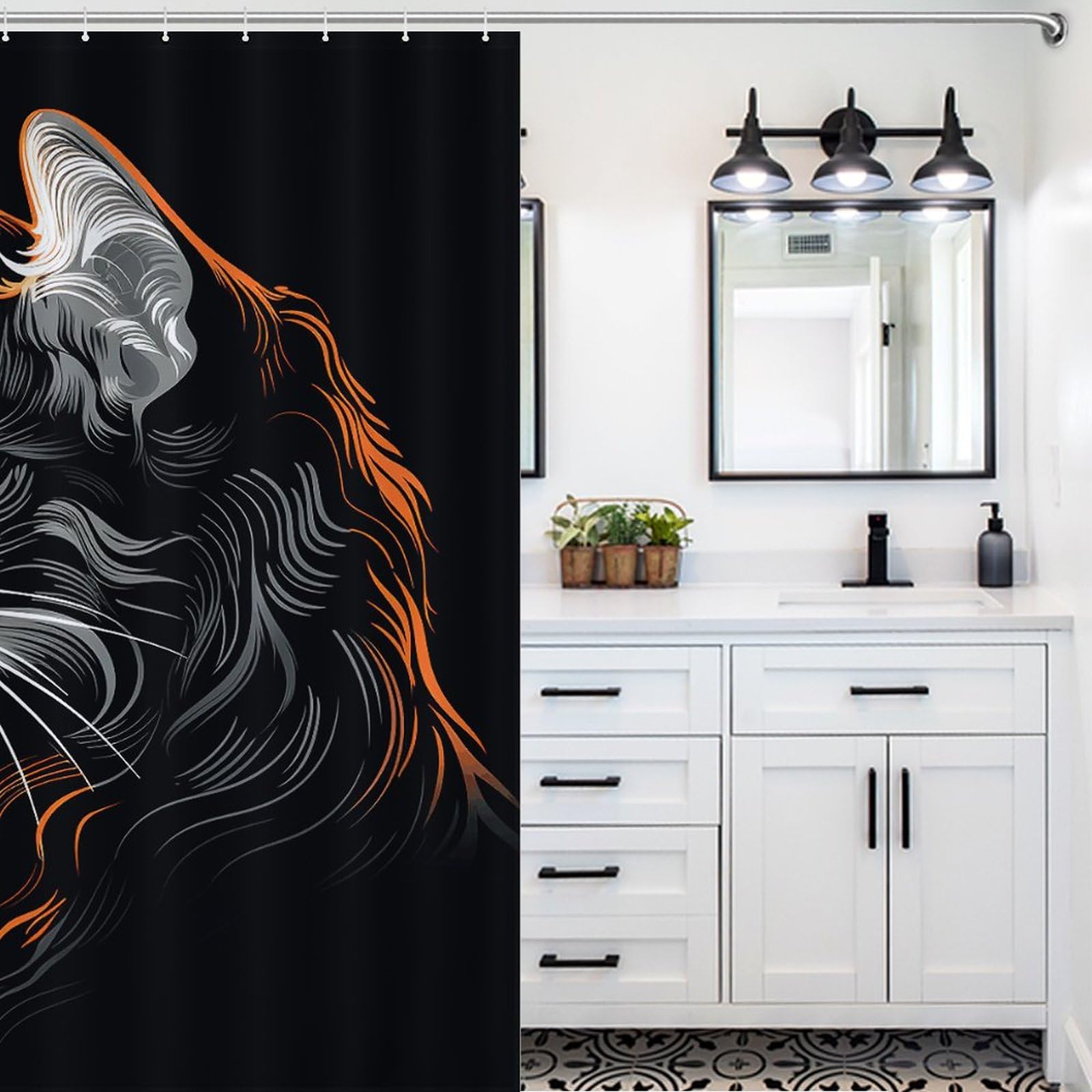 Rideau de douche imperméable anti-moisissure à motif chat avec ses 12 crochets lumineux