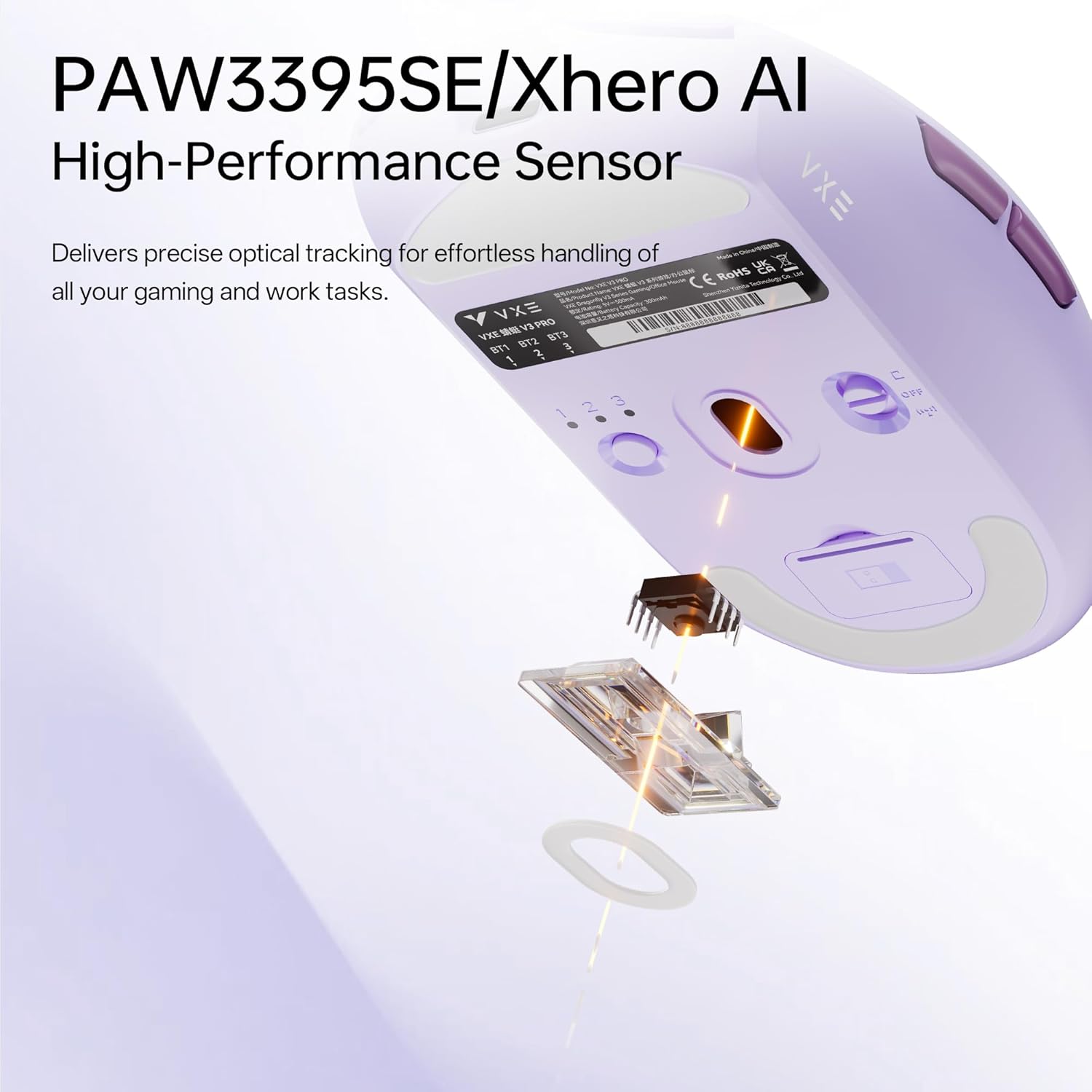 VXE V3 Pro Lightweight Wireless Gaming Mouse, PAW3395 SE Sensor, 18000 DPI, 6 Programmable Buttons, 300h Battery,1k Polling Rate, Compatible with PC, Mac (V3 Pro, White)