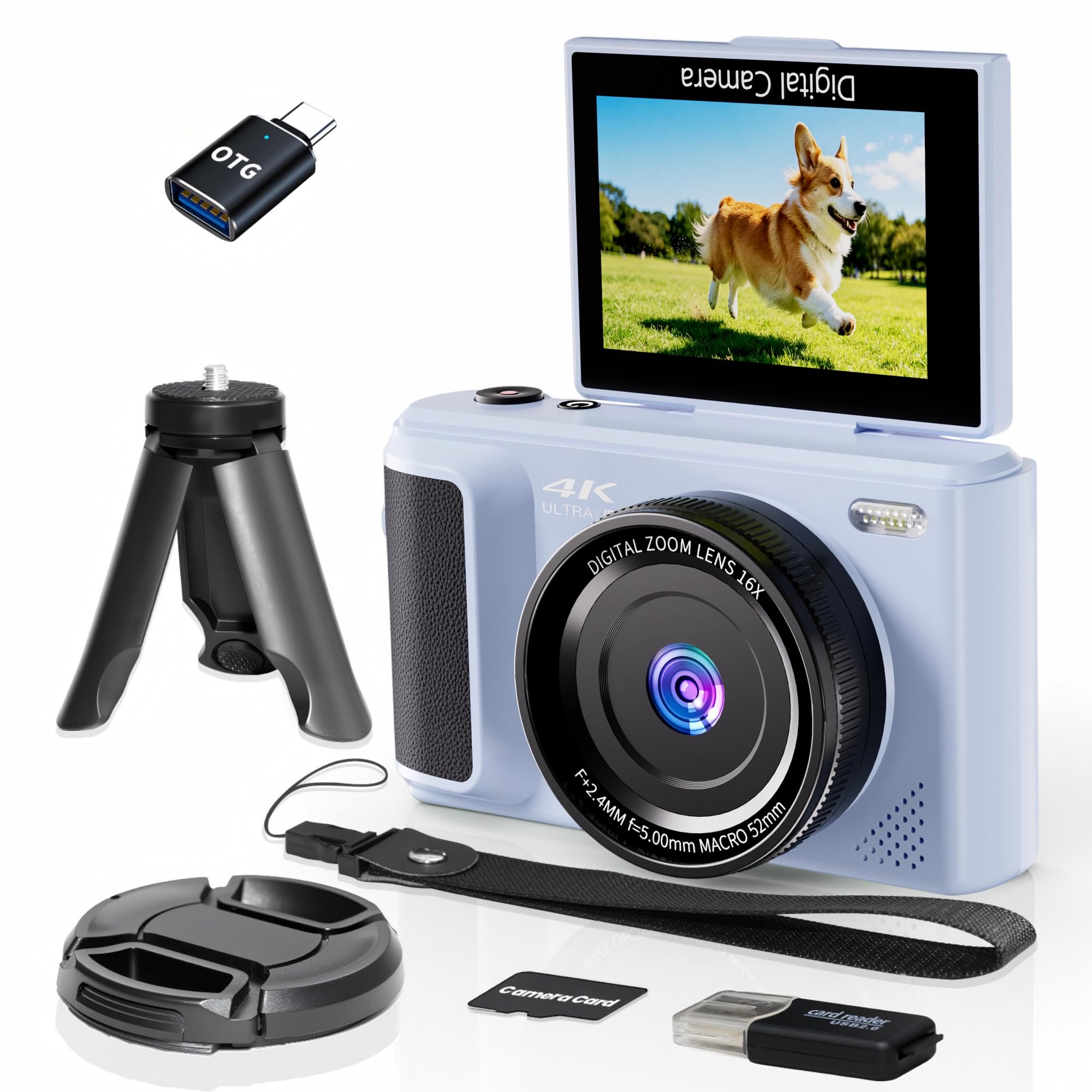 ARNSSIEN Aparat cyfrowy 4K, Odchylany ekran 180°, Zoom 16X | Kompaktowy aparat 2,8 cala z baterią 1500mAh, nagrywanie do 2h, wygodny design podróżny, Y1
