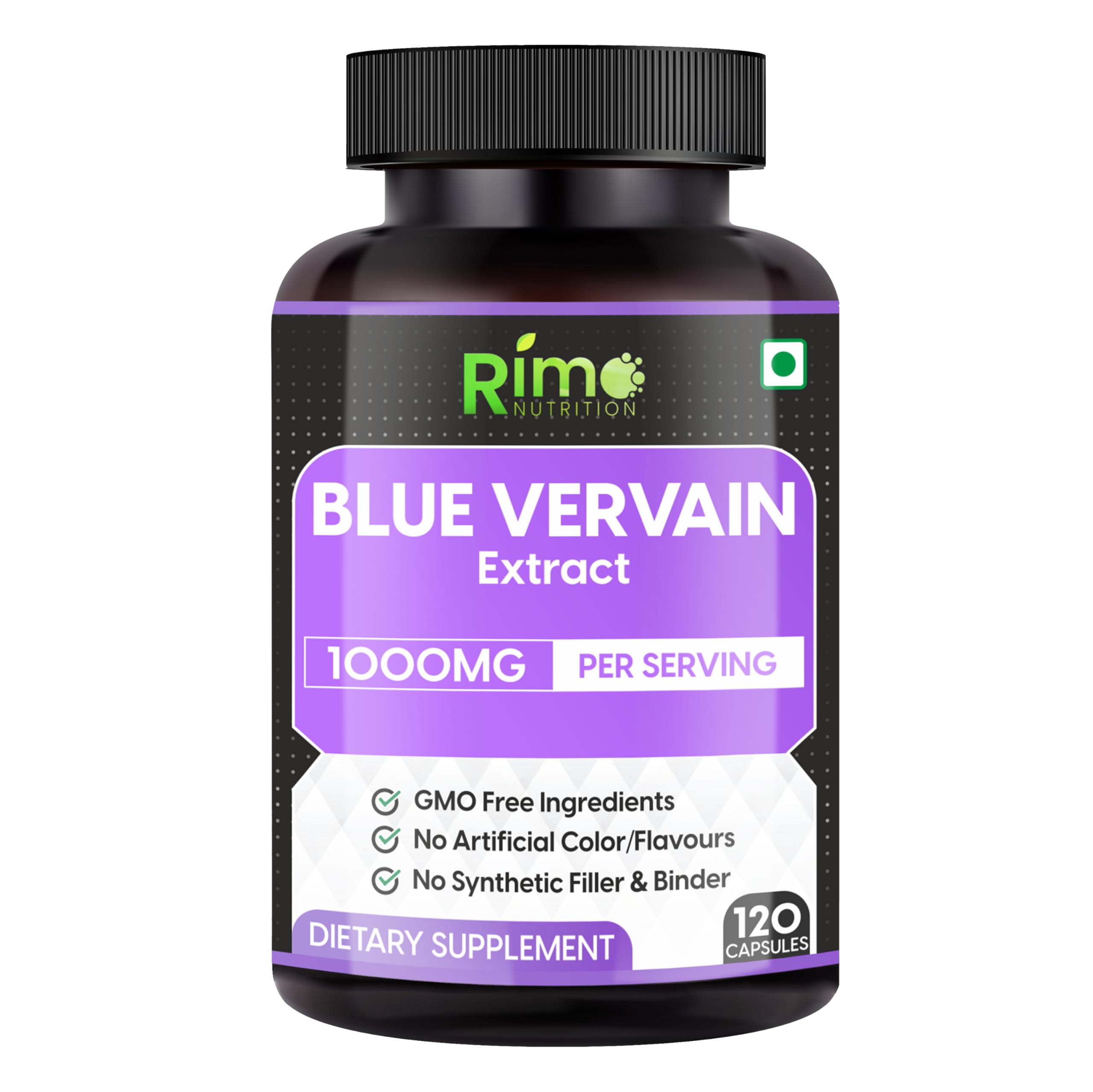 Cápsulas de verbena azul de Rimo Nutrition, 1000 mg por porción. Hierba seca de verbena azul (Verbena hastata) (120 cápsulas). Sin OMG ni gluten.