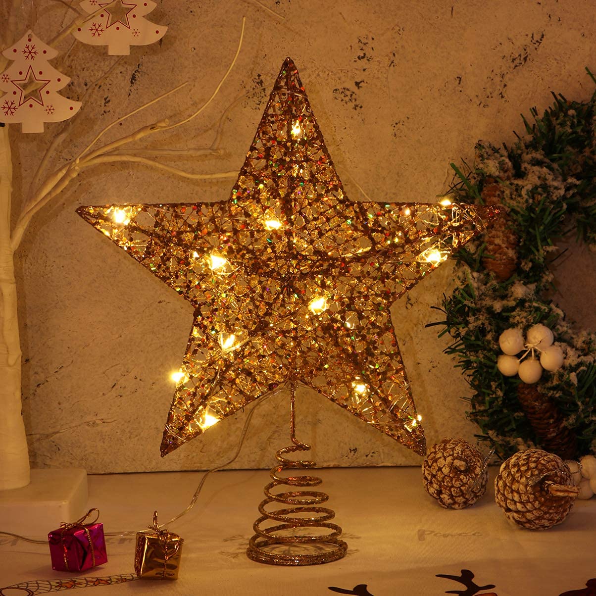 Lot de 10 étoiles de sapin de Noël illuminées - 3D pailletées dorées - Décorations de Noël pour sapin de Noël - Décoration de fête - Doré