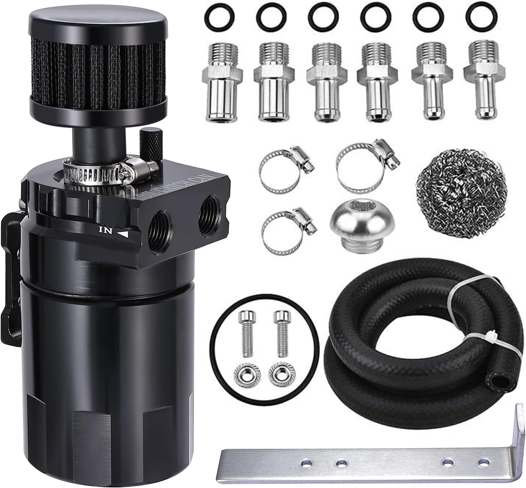 EVIL ENERGY Oil Catch Can, Universal Baffled Catch Can Kit with Breather Filter, 300ml Aluminum Air Oil Separator Tank NBR Fuel Hose Kits for PCV System