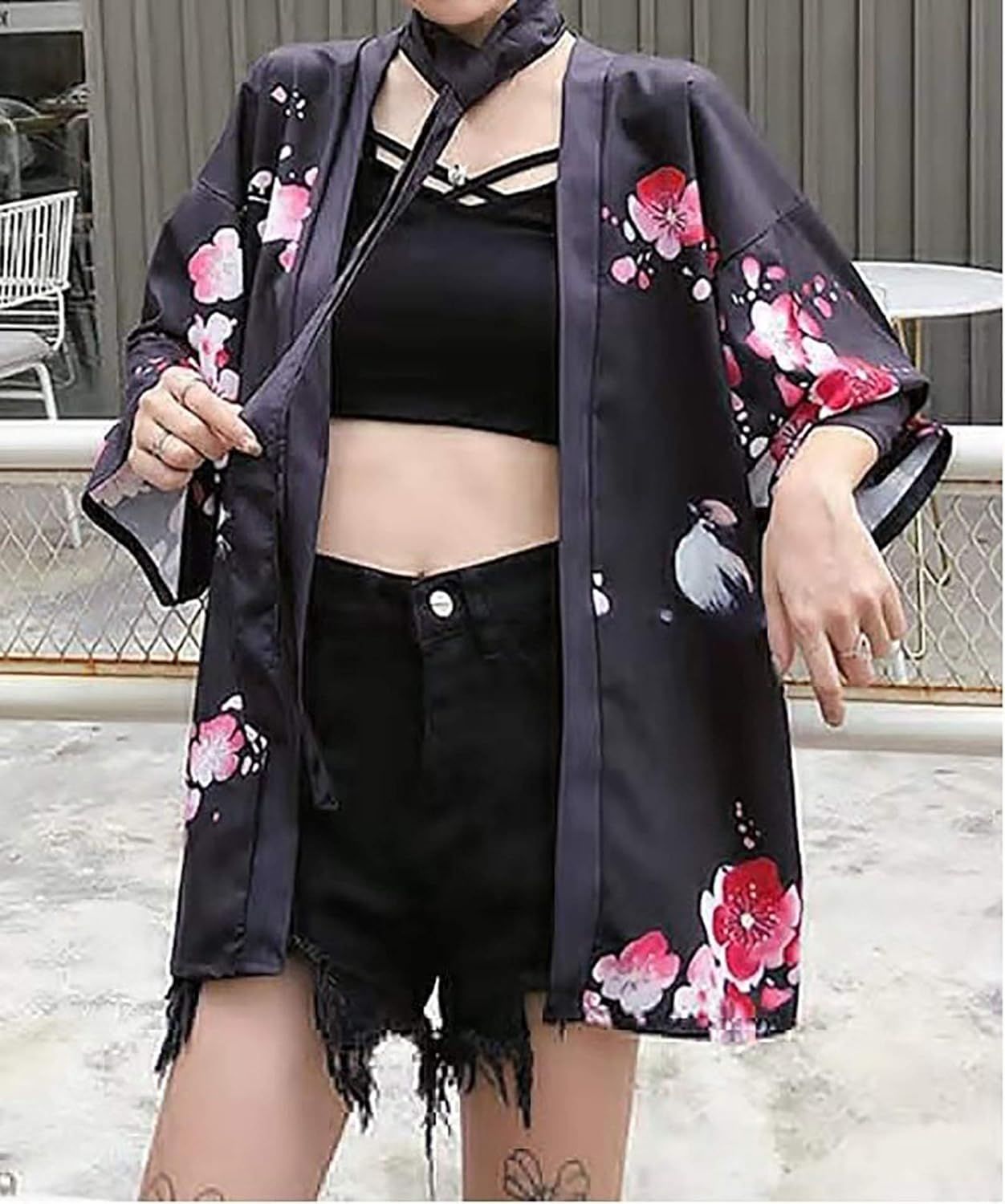LAI MENG FIVE CATS Women's Summer Loose fit Beach Japanese Kimono Cover up One Size 1141 Black