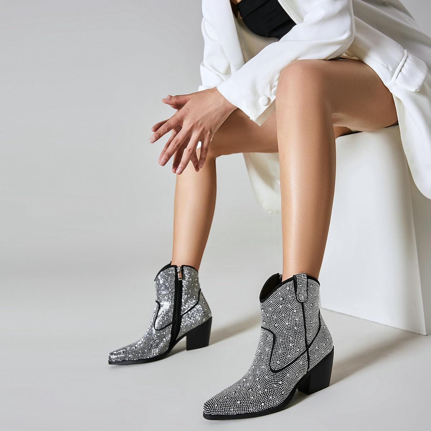 FIFSY Women Rhinestone Cowboy Boots Glitter Chunky Heel Sparkly Cowgirl... - Picture 23 of 63