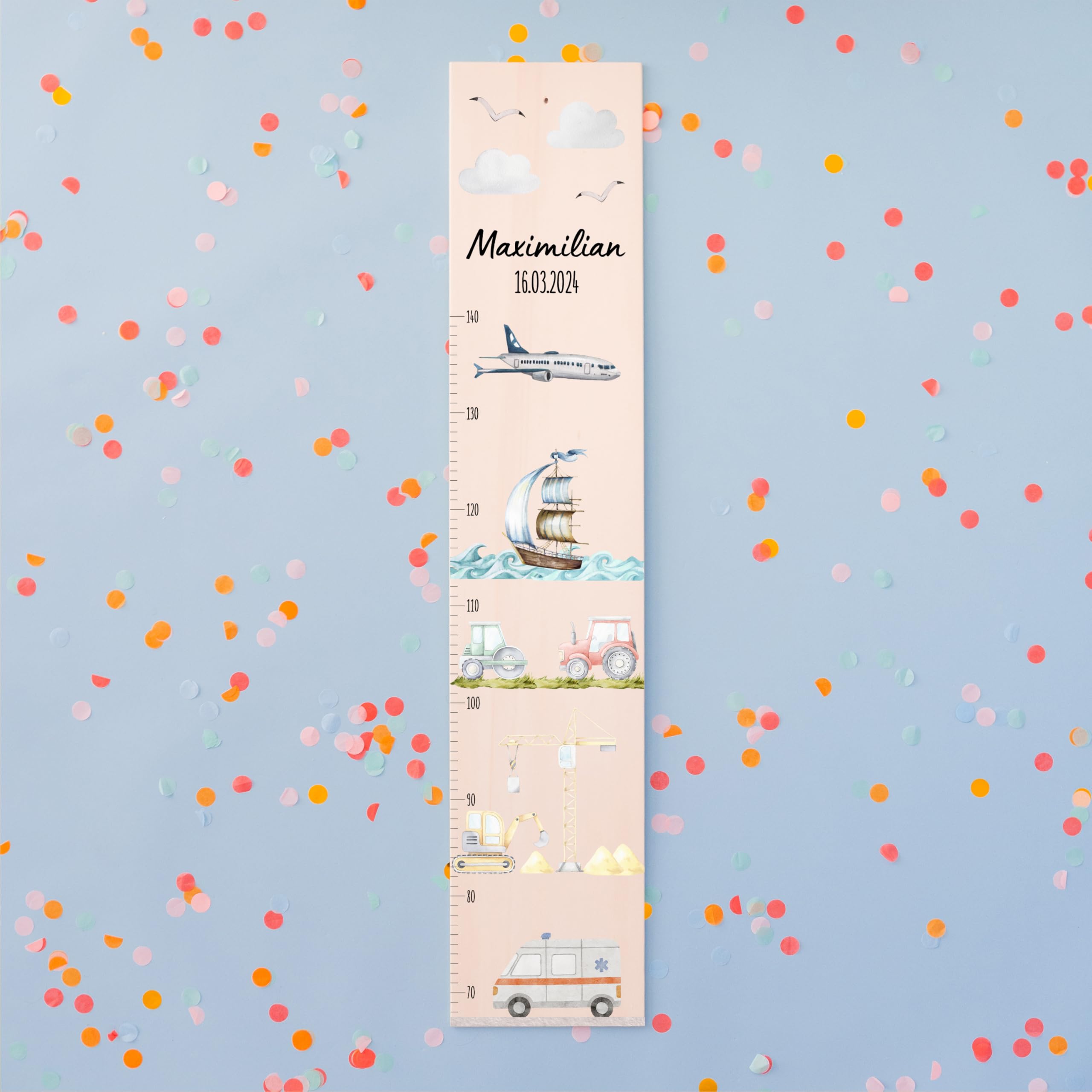 Bärenfreunde® - Personalisierte Messlatte Kind Holz zum Kleben oder Aufhängen - Skala 70-140cm - Süße Dekoration für Baby- & Kleinkinderzimmer (Kinder 70-140cm, Fahrzeuge)