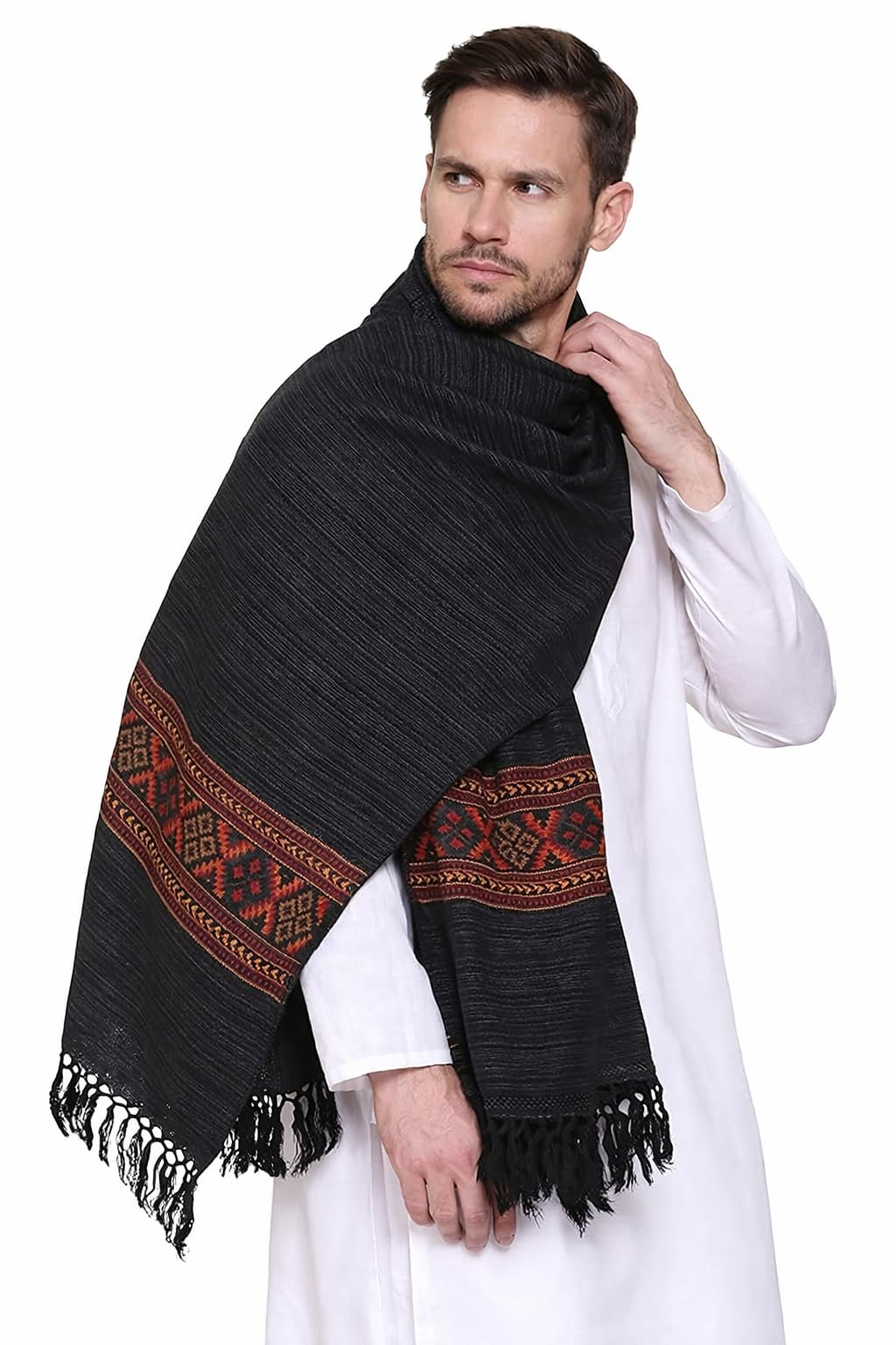 rudrawraps Men's Shawl/Lohi/Dushala, In Black color with kullu border Detail.-picture-18