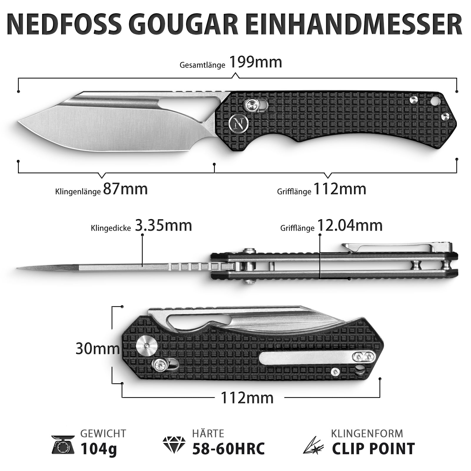 NedFoss COUGAR Klappmesser, 14C28N Stahl Taschenmesser mit Crossbar-Lock