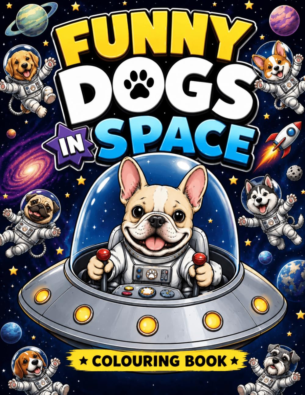 Funny Dogs in Space Coloring Book: 30 Hilarious Cosmic Canines, Astronaut Puppies, UFO Adventures, and Galactic Coloring Fun for Dog Lovers