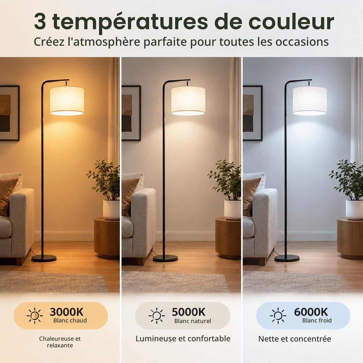 lampadaire sur Pied Salon avec Télécommande, 3 Températures de Couleur