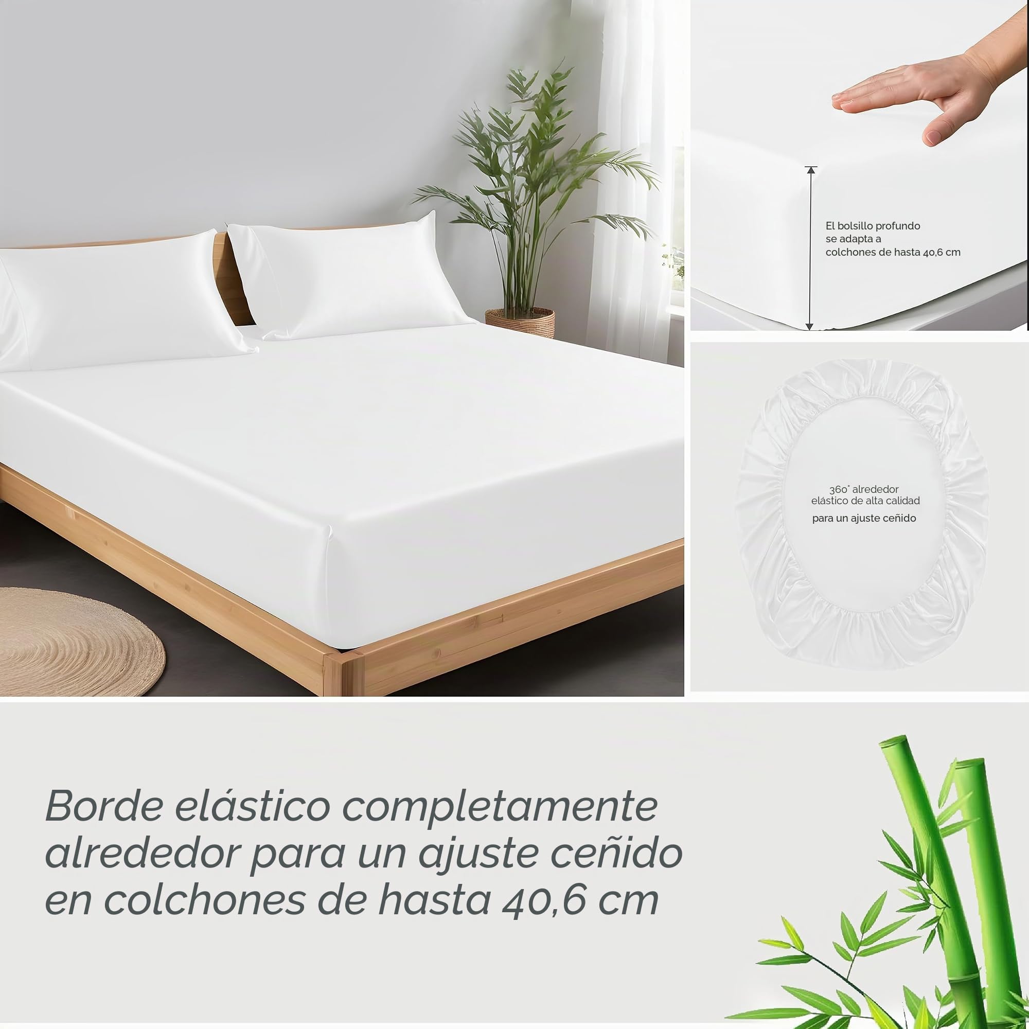 LINENWALAS Juego de ropa de cama de bambú de 4 piezas, sábanas refrescantes de seda vegana con 1 sábana bajera, 1 sábana encimera y 2 fundas de almohada (doble, blanco)