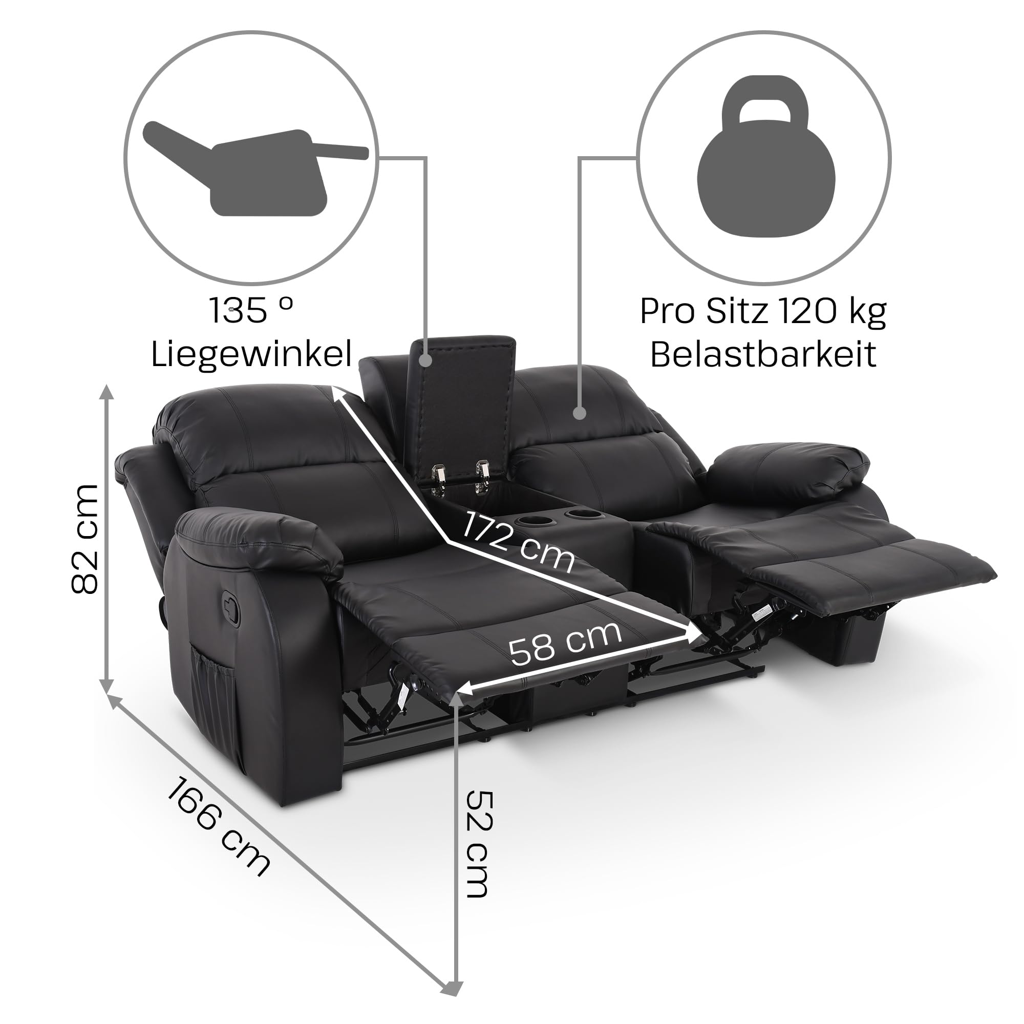 Raburg Kinosessel, 2er-Fernsehsessel, mechanische Relax- und Liegefunktion, manuelle Easy-Lift-Funktion, 2× Getränkehalter & Snackfach, Komfortpolsterung, 120 kg Tragkraft, Star, Kunstleder|Schwarz