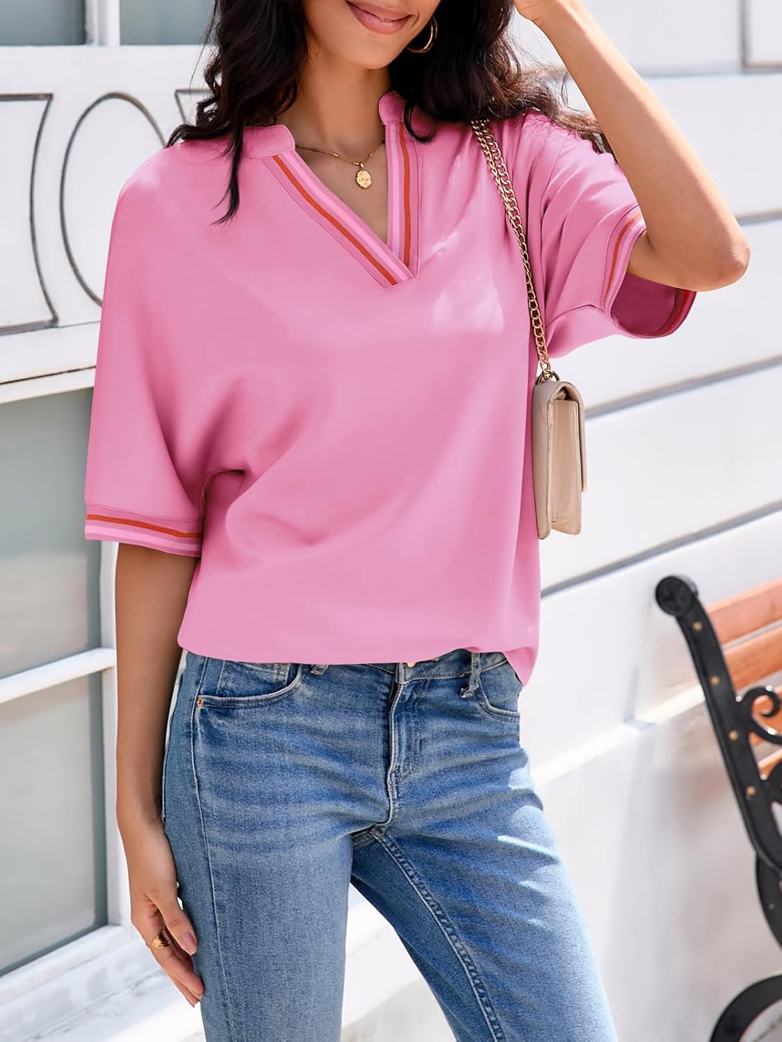 Tankaneo Womens Oversized T Shirt Casual V Neck Half Sleeve Color Block Work Tops Loose Fit Tunic Tees - Image 5