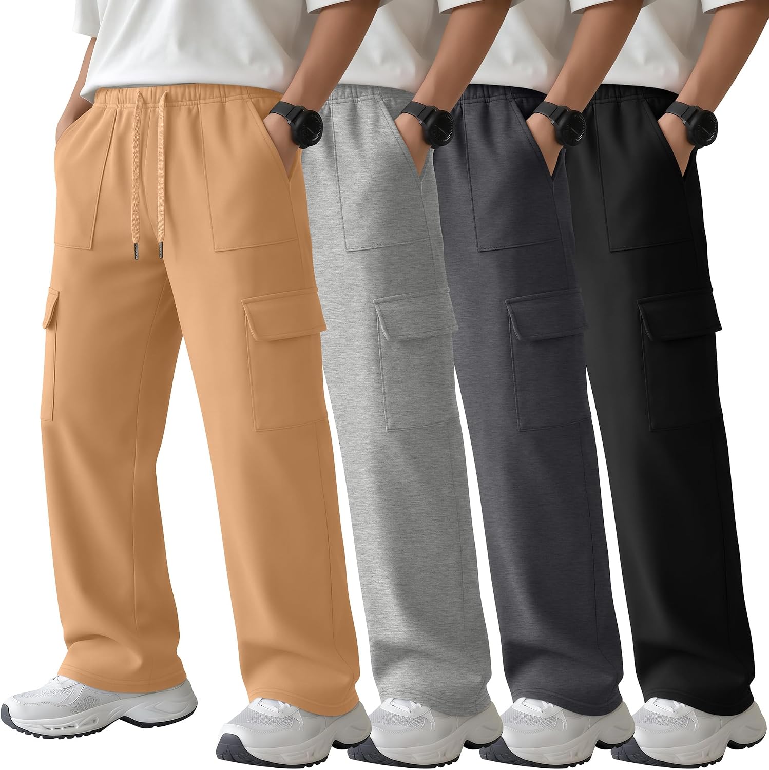 Yooo's Vivi 4 Pack Boy's Cargo Sweatpants Drawstring Active Pants Straight Leg Elastic Waist Jogger with Pockets for 5-14Y