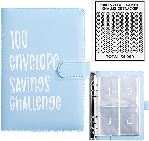 100 Envelopes Money Saving Challenge, 100 Envelope Challenge Binder, Easy and Fun Way to Save $5,050, Savings Challenges Budget Book Binder with Cash Envelopes for Office,Home,School (Blue)
