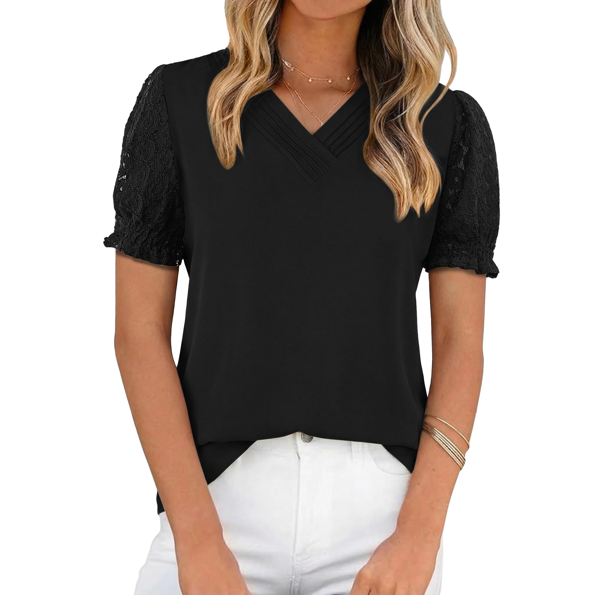 Theenkoln Bluse Damen Elegant Kurzarm Sommer Tunika V-Ausschnitt Spitzen Oberteil T Shirt Blusenshirt für Alltag & Büro