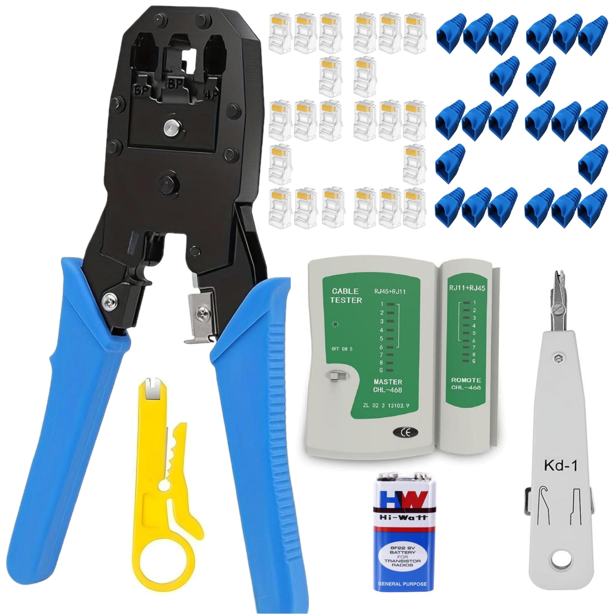 CP-Tech Rj45 Rj11 Crimping Tool Kit For Cat5e/cat6 With Lan Cable Tester, 25PCS Rj45 Connector with Cap, KD-1 Punch Down Tool and Network Wire Stripper (Combo-9)