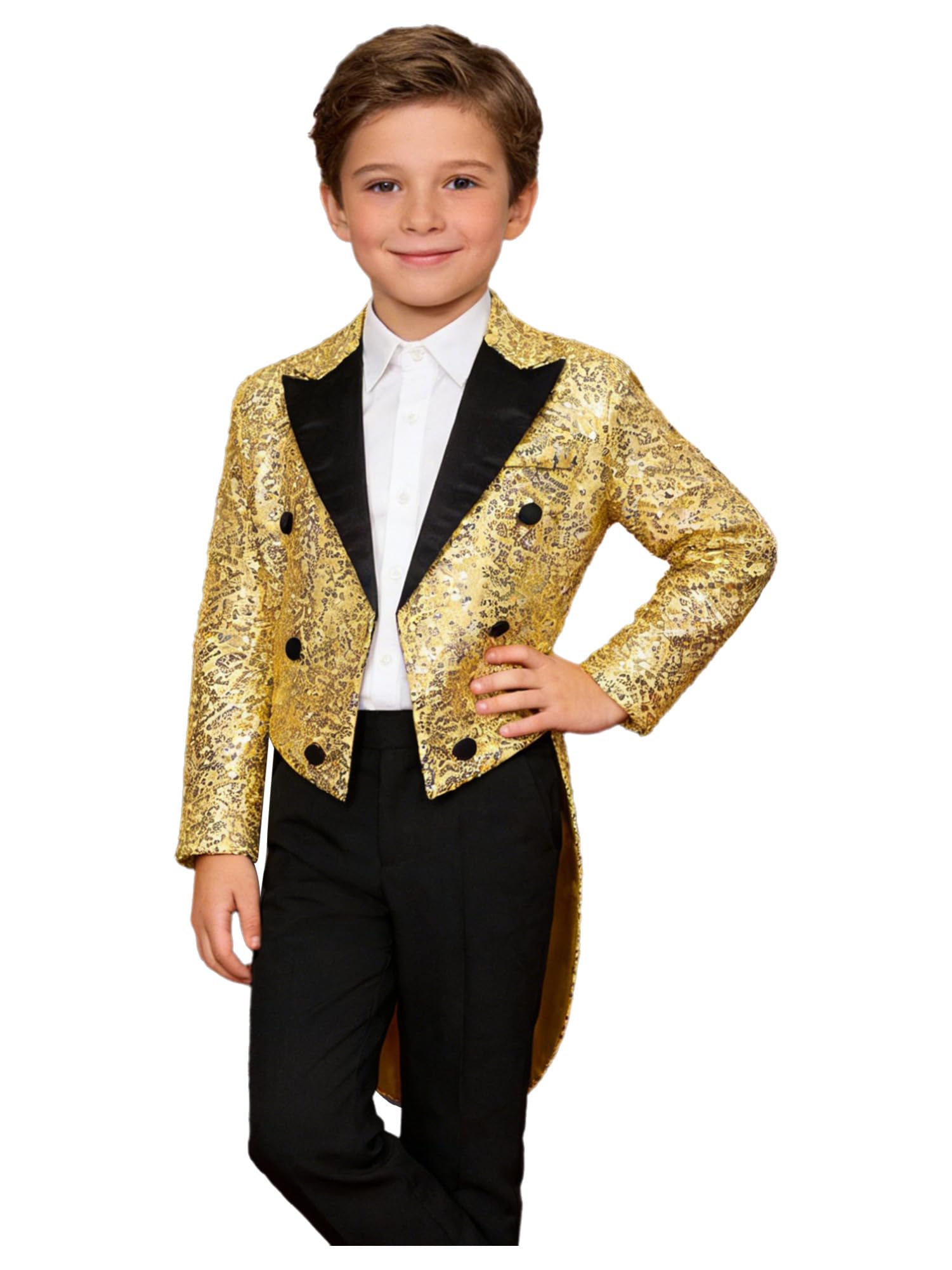 IEFIEL Esmoquin de Lentejuelas para Niño Chaqueta de Fiesta Vestir Formal de Boda Cóctel Chaqueta de Mago Disfraz de Fiesta Carnaval 5-16 Años Dorado 13-14 años