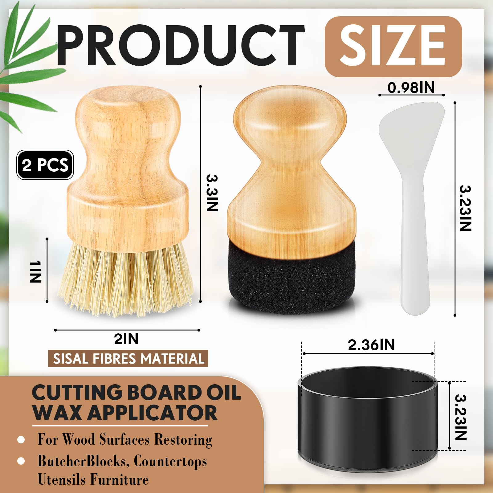 Qinyoung 2 Pcs Cutting Board Oil Applicator and Scrub Brush Set Bamboo Wax Applicator Brush with Sisal Fiber and Sponge for Mineral Oil Board, Wooden Worktops, Butcher Blocks, Utensil Care