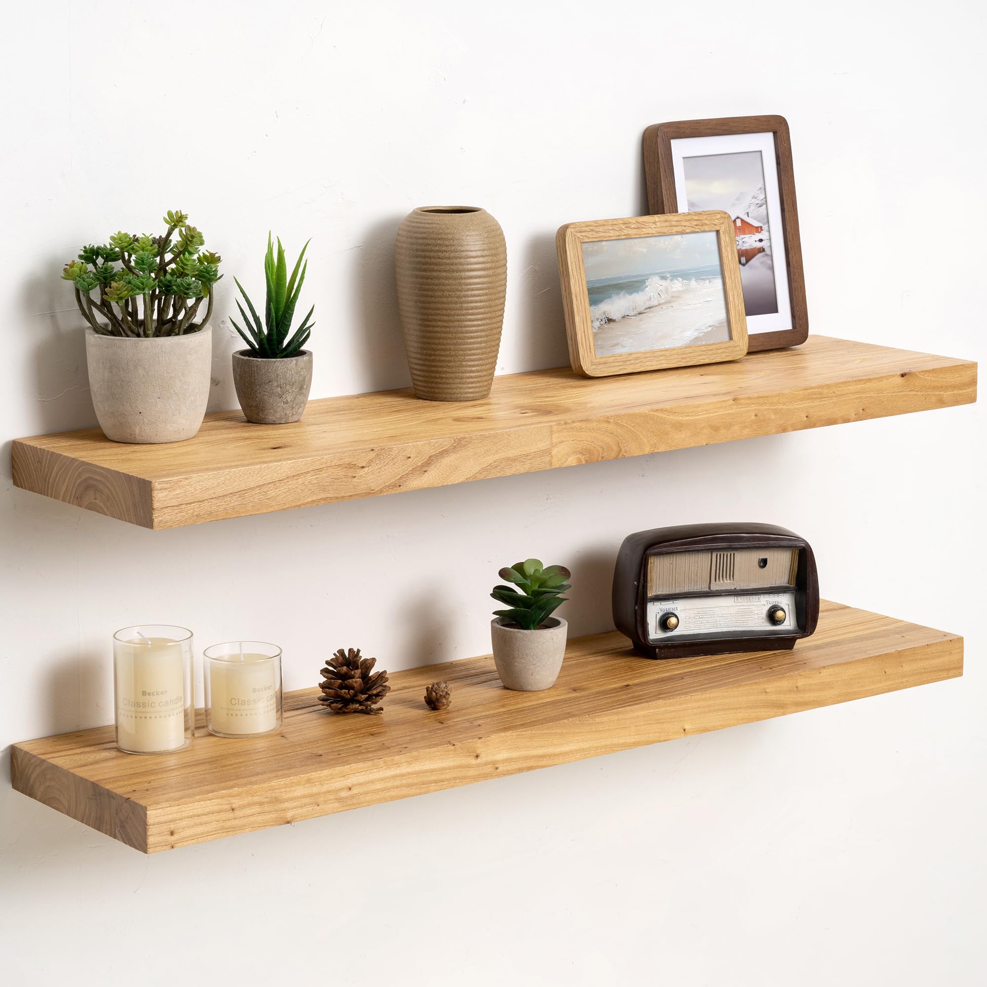 Fun Memories Solid Elm Wood Floating Shelves Set of 2-32 Inch Rustic Wall Shelves with Heavy-Duty Invisible Brackets - for Living Room, Kitchen, Bedroom, Bathroom - Natural Finish