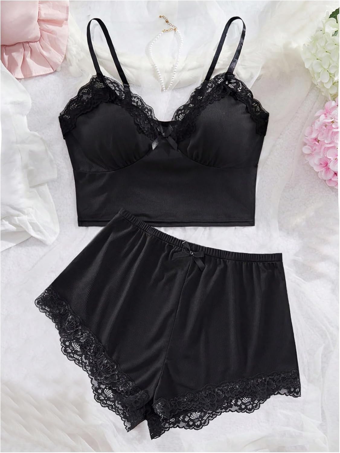 SHENHE Women's Pajama Set 2 Piece Lace Trim Sleepwear Cami and Shorts Bow Pjs Loungewear - Image 5