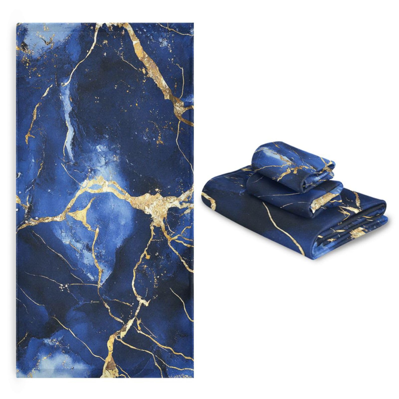 Set di 3 asciugamani per il viso morbidi con texture marmorizzata blu oro irregolare, 1 asciugamano da bagno, 1 asciugamano per le mani, 1 panno per la casa, cucina e famiglia