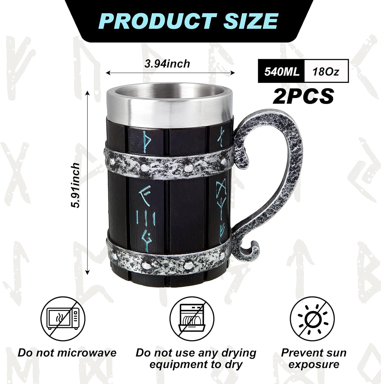 Tioncy 2 Pcs Nordic Rune Mug Tankard Stainless Steel Resin 3D Norse Decoration Gothic Coffee Beer Stein Mug Cool Novelty Cup Poetic Gifts for Men Drinking Party Decorations, 18 oz(Viking Style,Black)