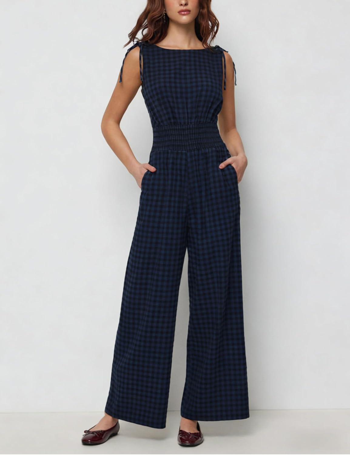 AMEBELLE Women's Gingham Plaid Jumpsuit Sleeveless Drawstring Waist Wide Leg Overalls with Pockets Casual Summer Outfits