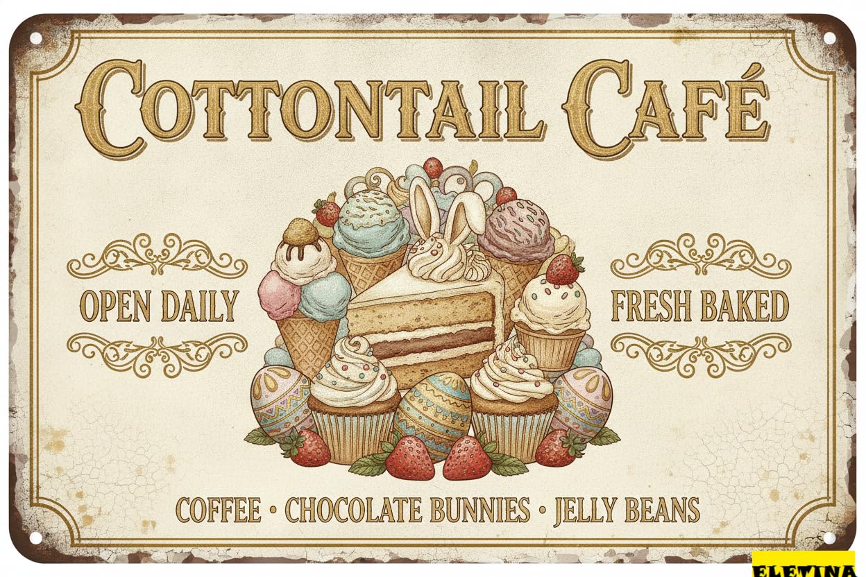 Cottontail Cafe Easter Tin Sign, 8x12 Inch Decor
