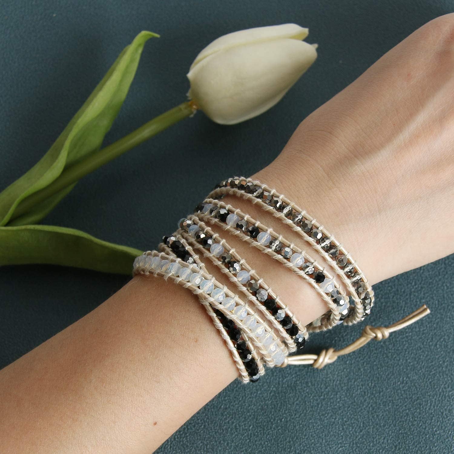 KELITCH Women Gray Clear Crystal Bracelets Beaded 5 Wrap Bracelet Handmade Leather Strand Bracelets New