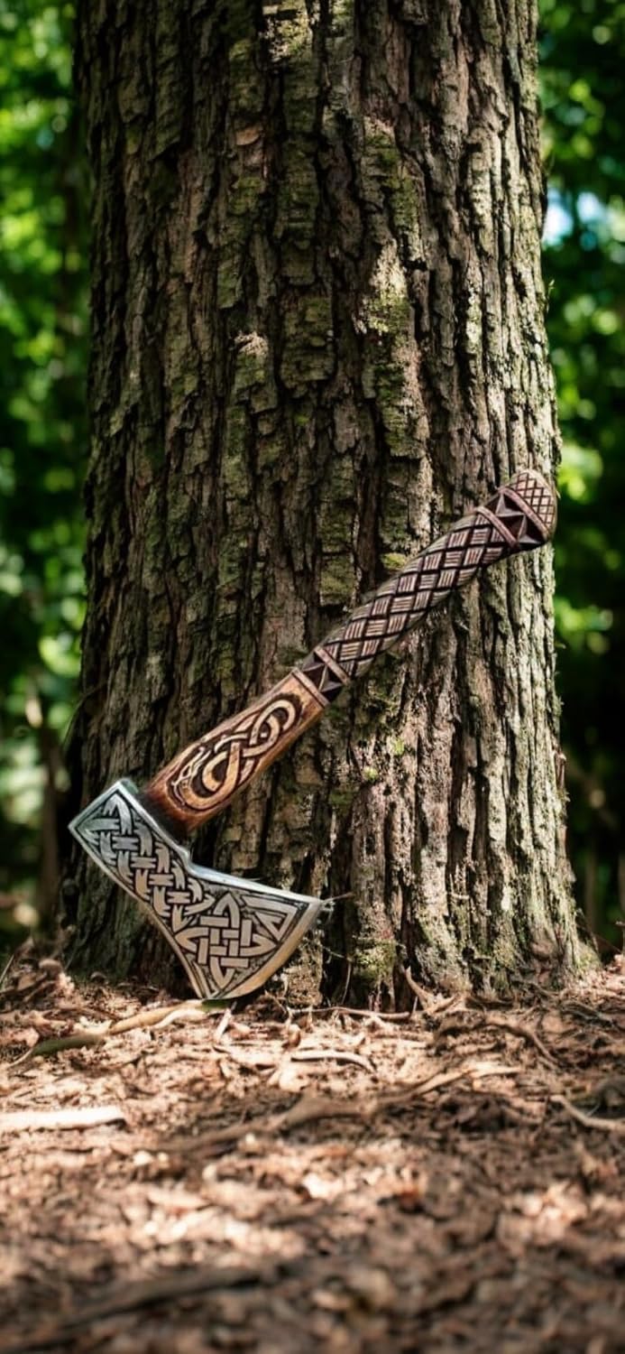 Poshland AX-7615 Custom Gift Forged Carbon Steel Viking Axe with Rose Wood Shaft, Viking Bearded Camping Axe
