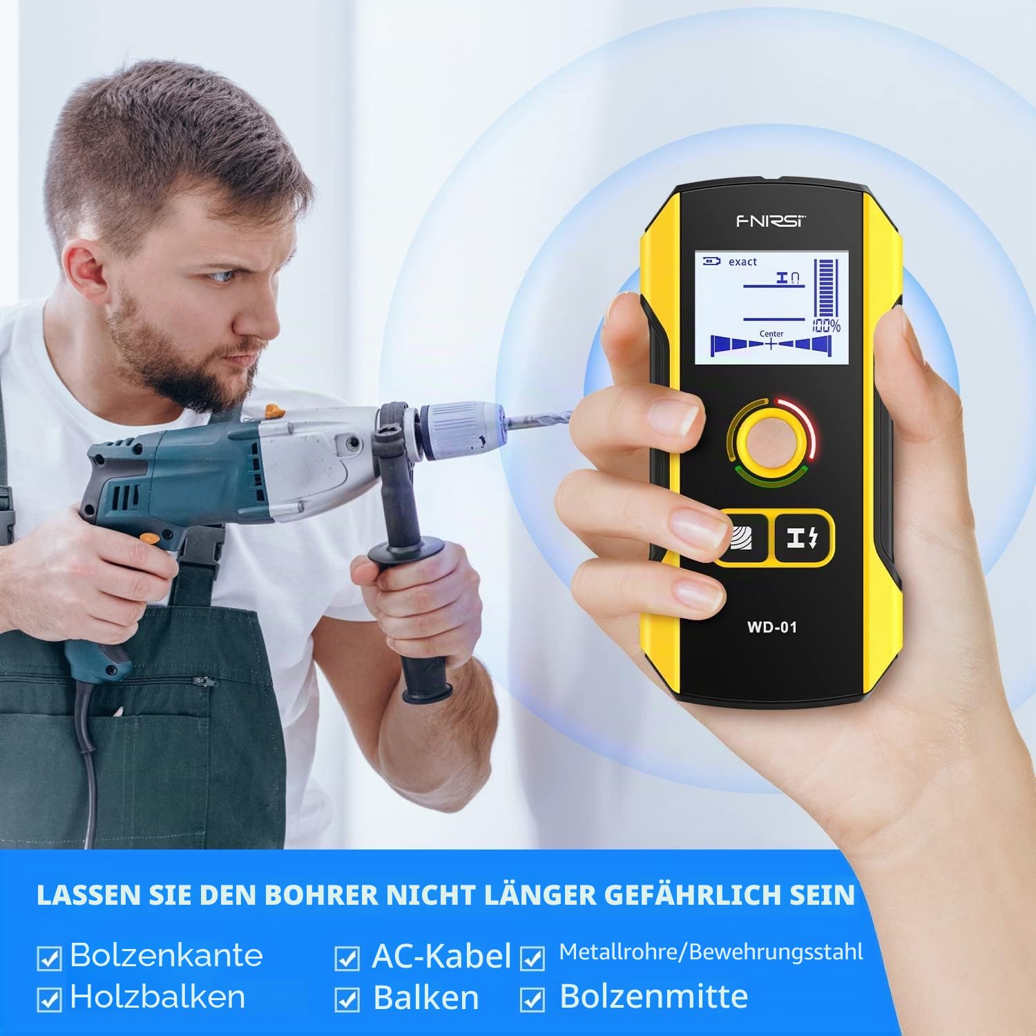 FNIRSI 6-in-1 Wandscanner – Elektronischer Wanddetektor für Holz- und Metallständer, Kabel, Rohre und Balken, mit verbessertem Positionierungsloch für Mitte und Rand, ideal für Gips- und Mauerwände