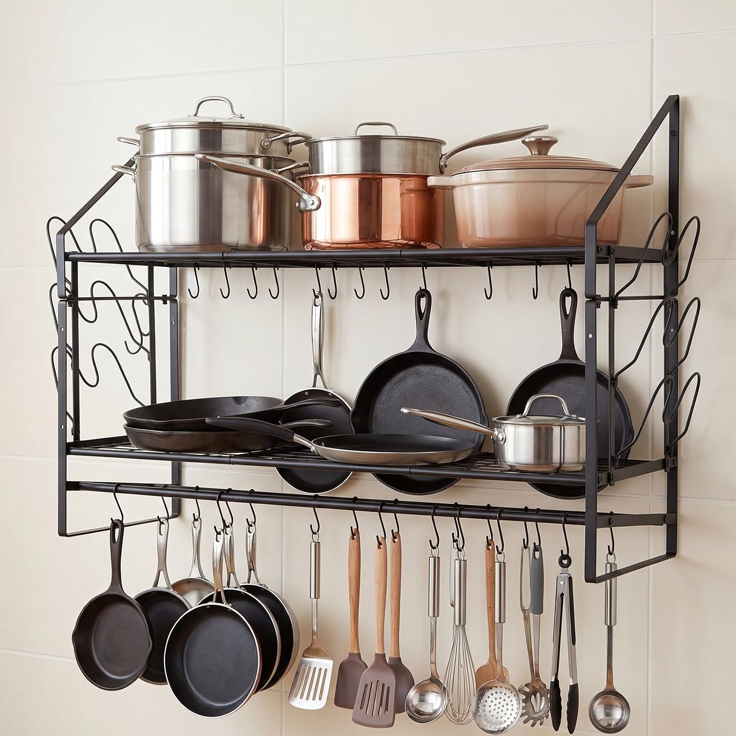 Nuanchu 39.4in Large Pot Rack Wall Mounted 150lb High-capacity, 2 Tier Heavy Duty Steel Hanging Pot and Pan Organizer, with 30 Hooks and 8 Lid Holders, Ample Storage for Cookware