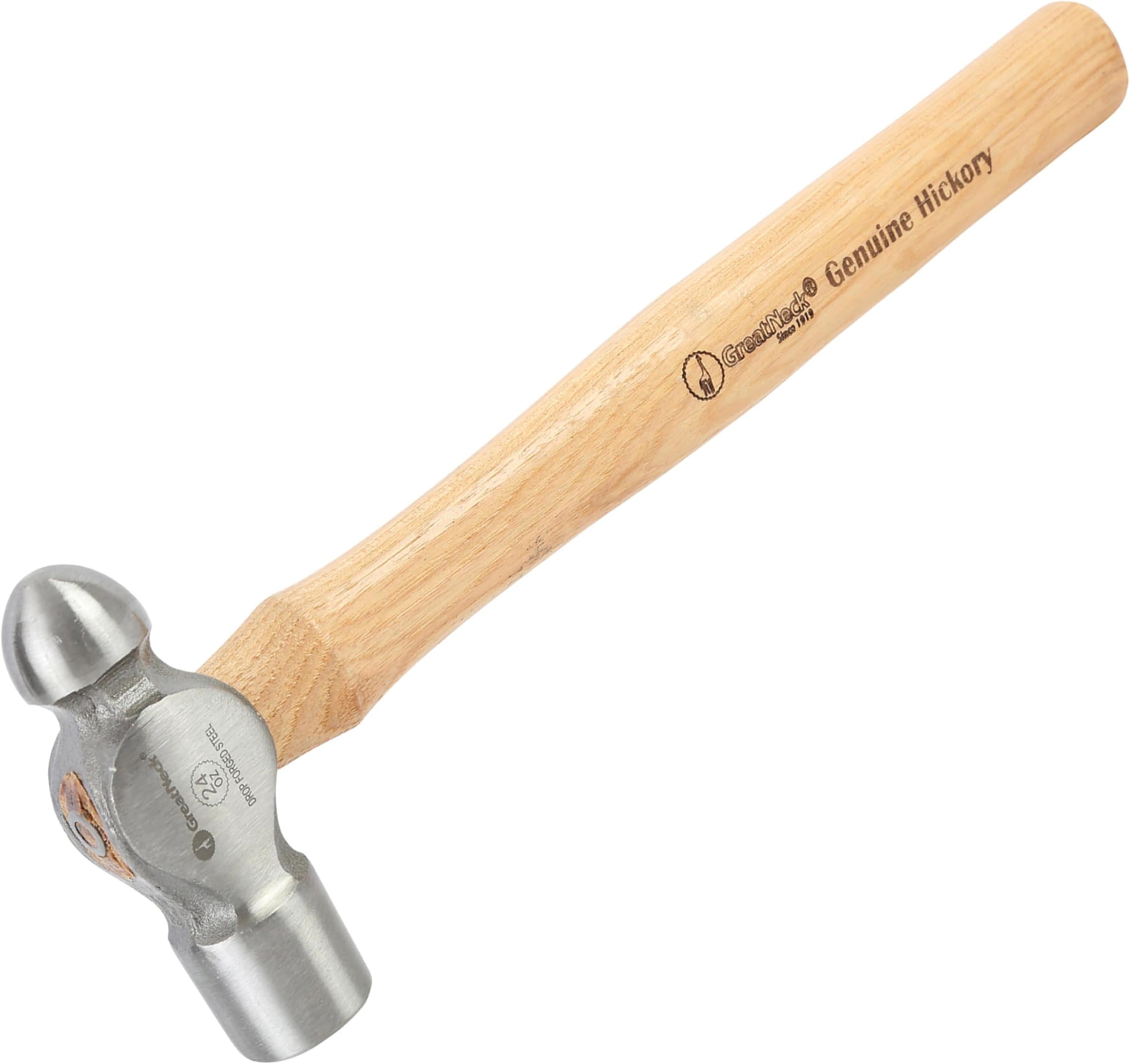 GreatNeck BP24 Ball Peen Hammer, 24 Oz. Drop Forged Steel Metalworking Tool With Precision-Balanced Authentic Hickory Wood Ball Peen Hammer Handle, For Riveting, Shaping, And Bending Metal