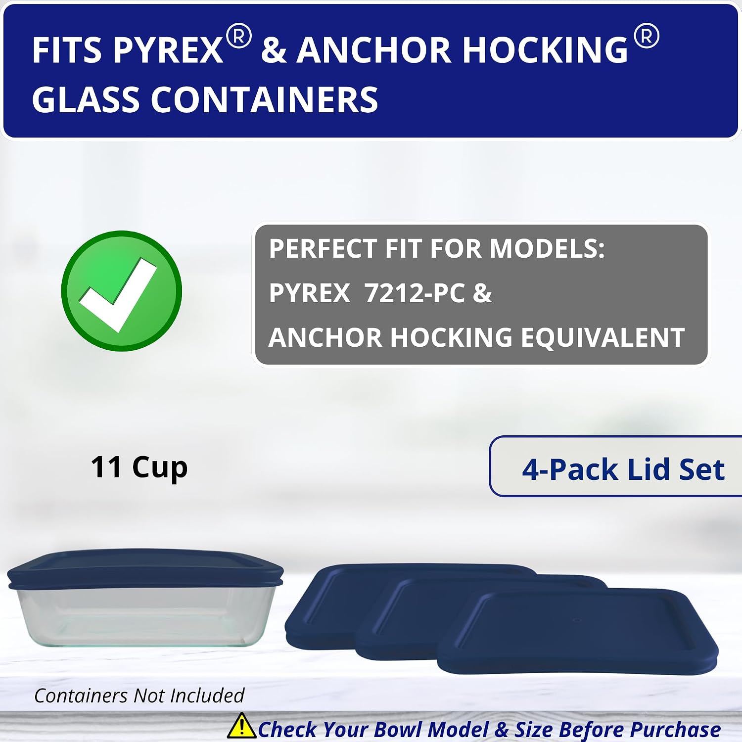 11 Cup/2.6 L Navy Replacement Lids/Covers for Pyrex 7212-PC, 11 Cup/88oz Anchor Hocking & Klare Ware Storage Bowls *Lids Only* - *Glass Container Not Included* (4 Pack, Navy)