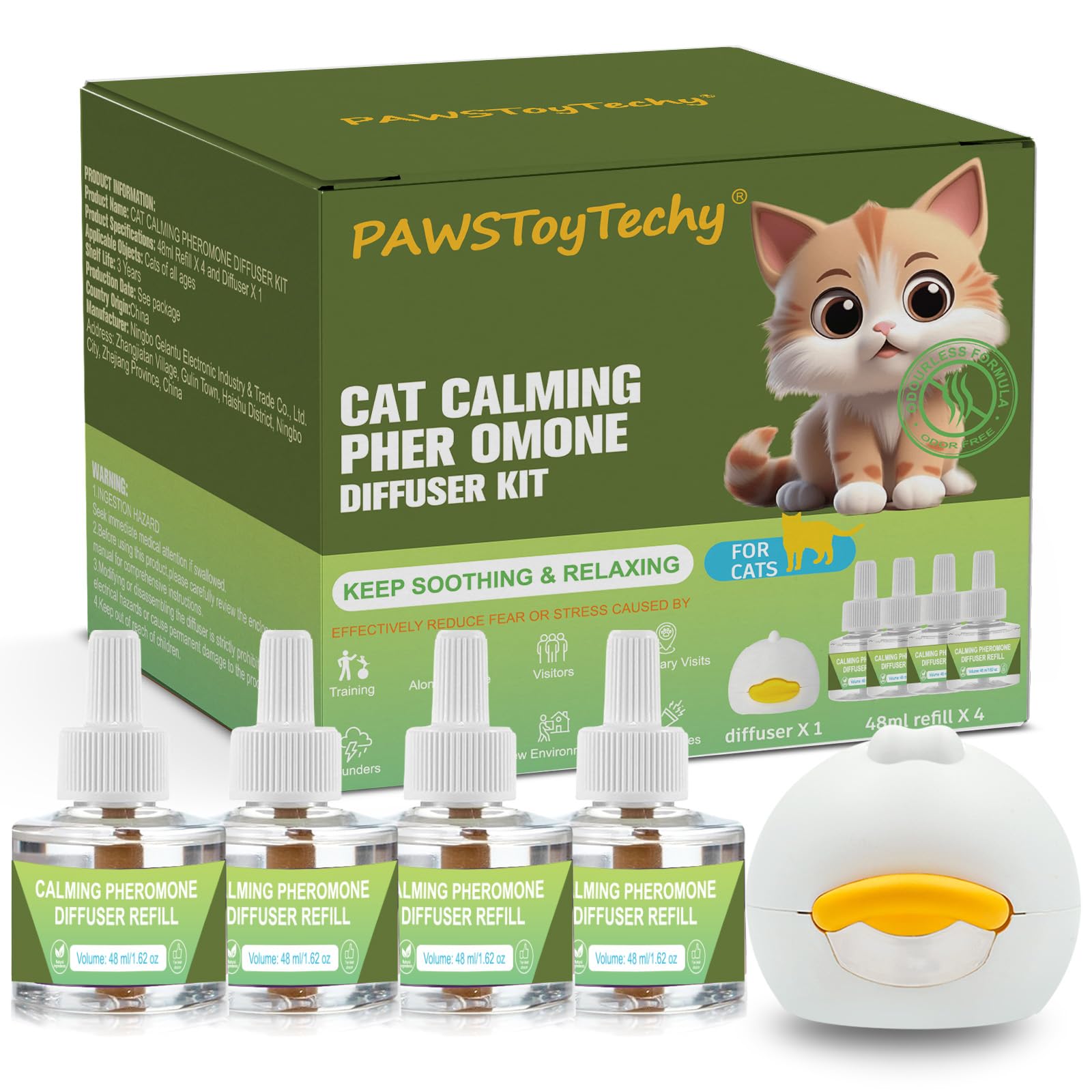 Kit diffusore calmante per gatti: 1 diffusore + 4 ricariche (fornitura 120 giorni), diffusore calmante professionale per gatti per alleviare l'ansia, aiuta a ridurre graffi, miagolii e segni delle