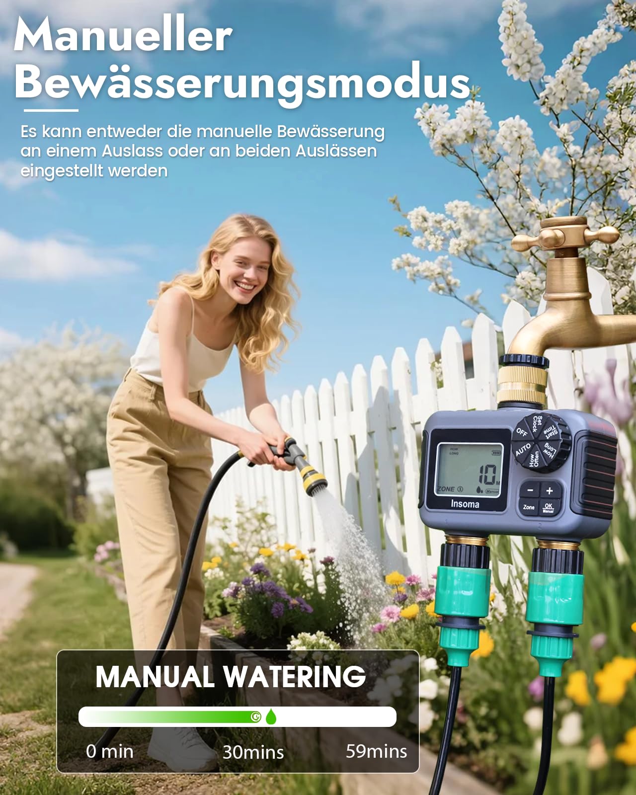 Insoma 2-Zonen-BewäSserungstimer Mit Messing-Ein-/Auslass, Programmierbarer Schlauchtimer Mit Automatik-/Manuell-Modus Und RegenverzöGerung, BewäSserungstimer FüR Garten, Rasen, Hof | IP55 Wasserdicht