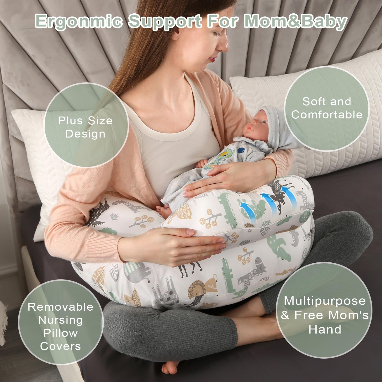 BATTOP Almohada de lactancia con funda extraíble, alimentación, lactancia materna, almohada de alimentación con biberón, almohada adicional en la parte superior para más apoyo para mamá y bebé, tamaño