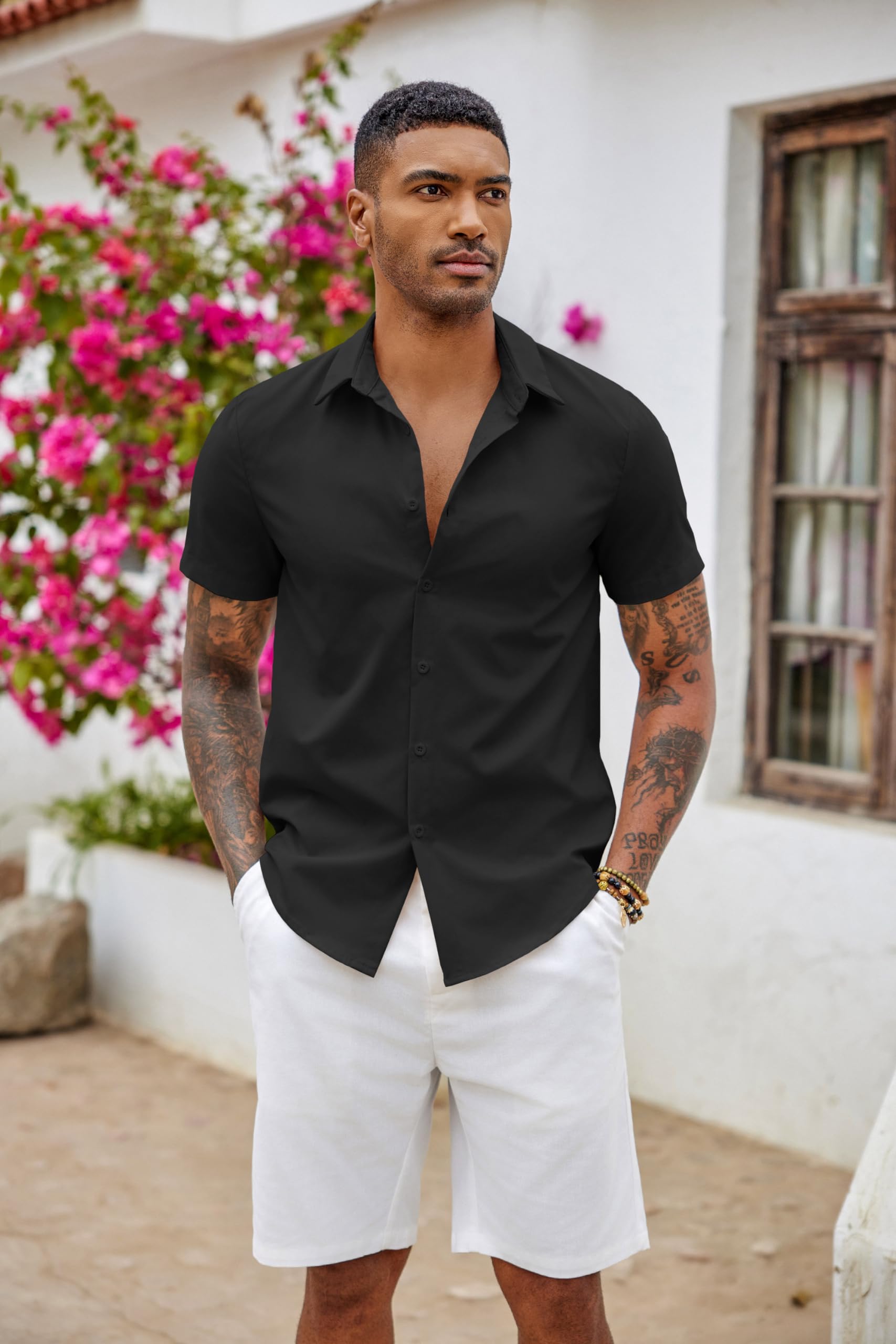 COOFANDY Męska koszula z krótkim rękawem, elastyczna, krój slim fit, koszula rekreacyjna, nie wymaga prasowania, koszula biznesowa, letnia koszula męska z krótkim rękawem, jednokolorowa, basic shirt