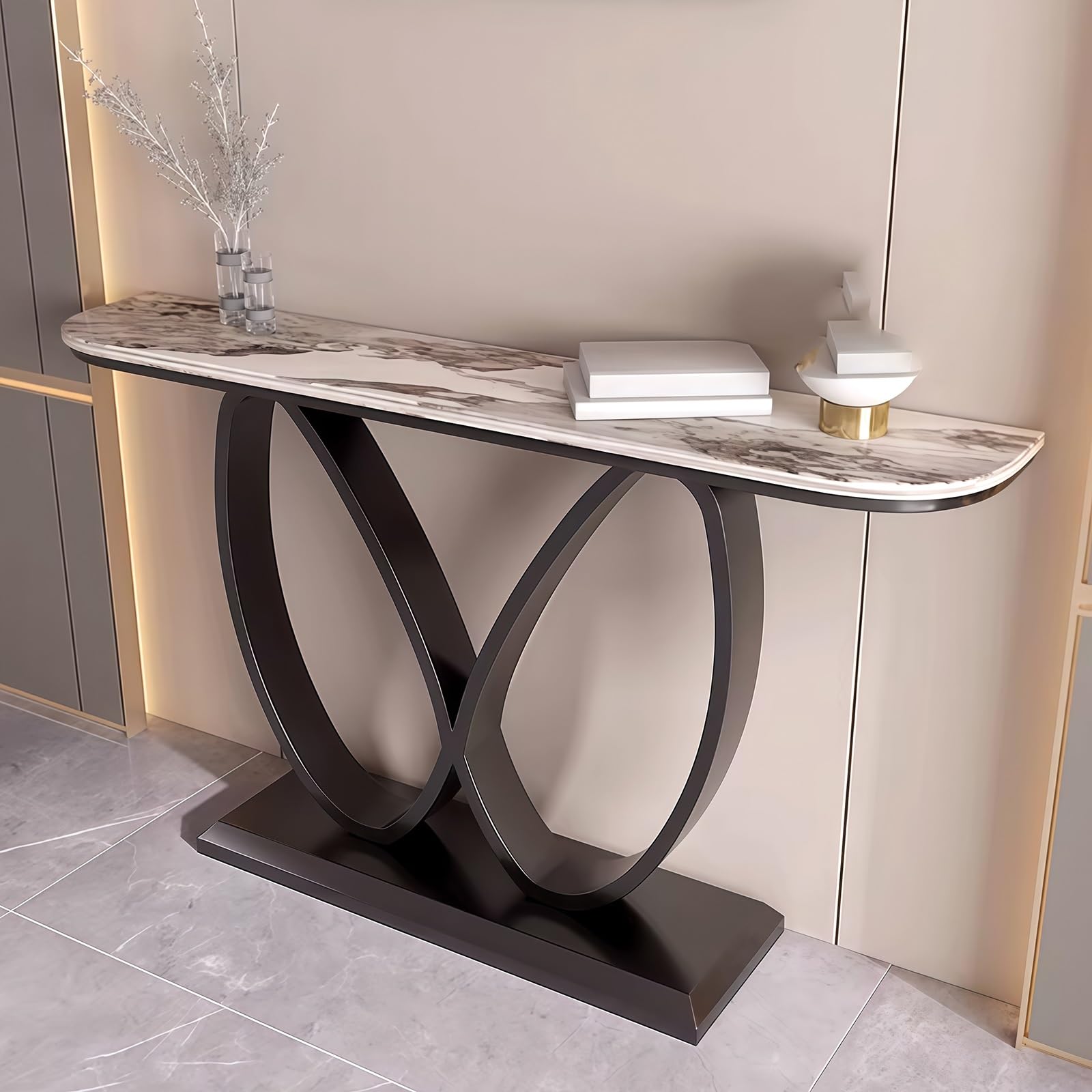 Consolle, Tavolino d'ingresso stretto effetto marmo con base geometrica in metallo, Tavolini d'appoggio contemporanei, Base decorativa creativa in acciaio al carbonio (Nero + Marrone, 120 cm/47,2")