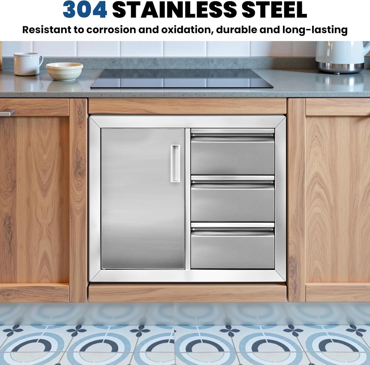 Combo Outdoor Kitchen Cabinets 28" W x 22" H x 19.1" D, Stainless Outdoor Kitchen Cabinets 3-Tier Cabinet & Access Door Outdoor Kitchen Drawers Combo Cabinet, Stainless Steel Cabinet for BBQ Island