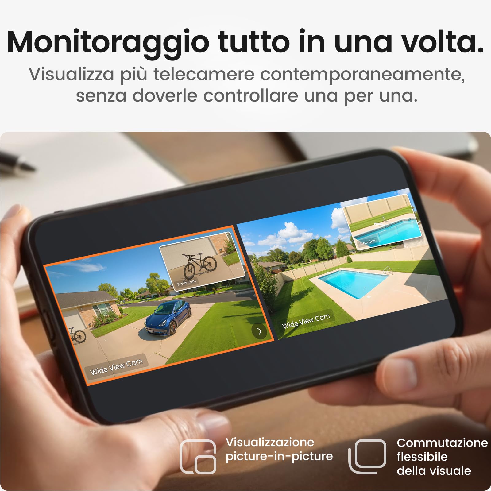 aosu T2 Pro 3K Kit da 2 Telecamere di sicurezza esterne solari wireless | Visione notturna, 170°+360° PTZ, IA, Zoom 8x, 1TB espandibile, No angoli morti, Ideale per casa/giardino, impermeabile