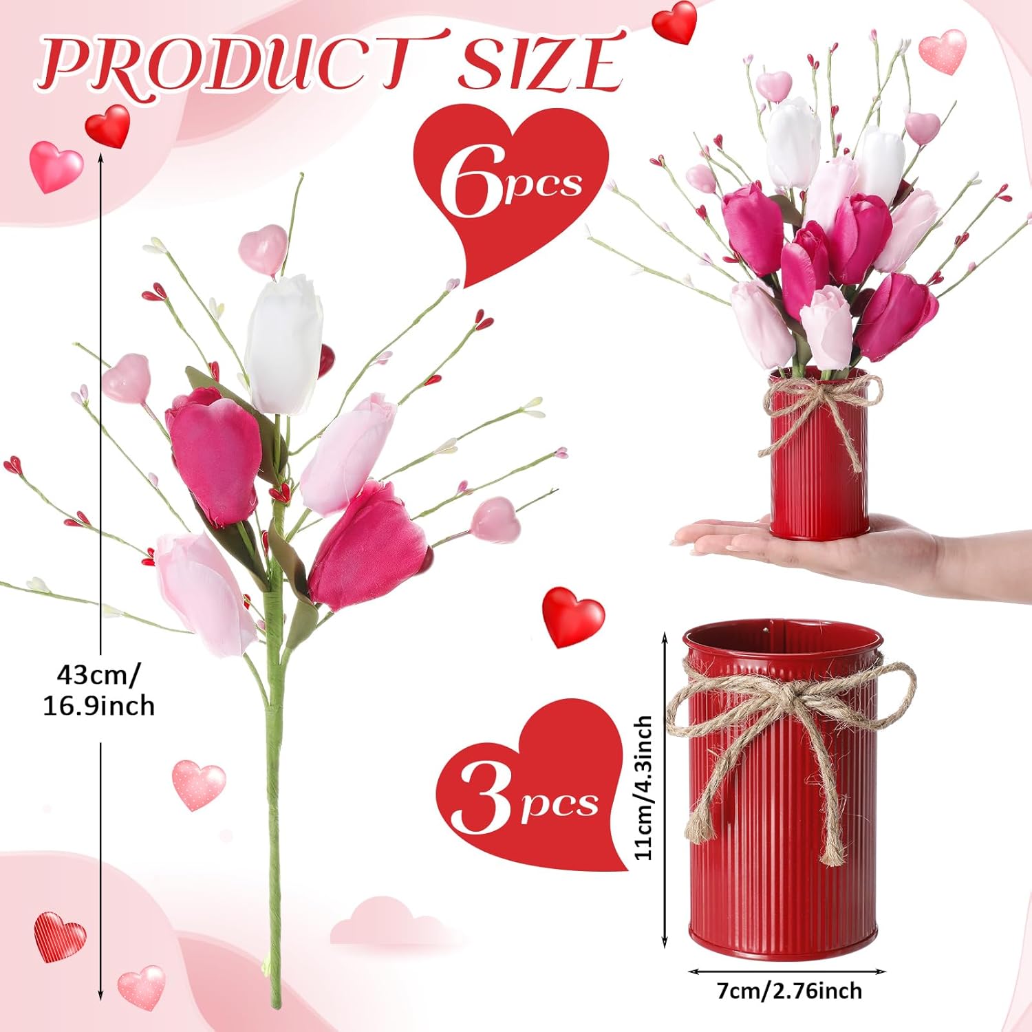 Zeyune 3 Sets Fake Tulip Flower Table Centerpiece, 6 Artificial Tulip Stems Picks with Metal Vase Pot, Fake Flower Arrangement for Wedding Reception, Anniversary Dinner, Mantel & Entryway Decor