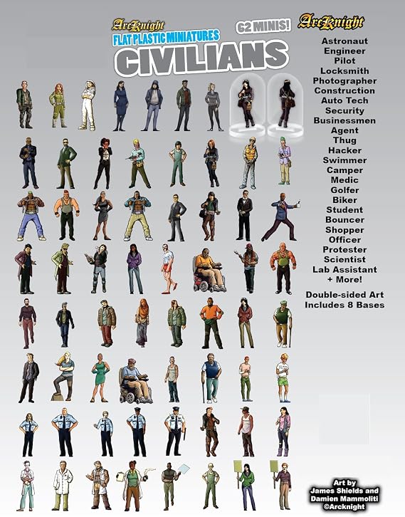 Arcknight Flat Plastic Miniatures: Civilians; 64 Unique Civilian-Themed Minis for Starfinder; Affordable, Skinny Figurines for SF, Shadowrun, and Other Tabletop RPG Games