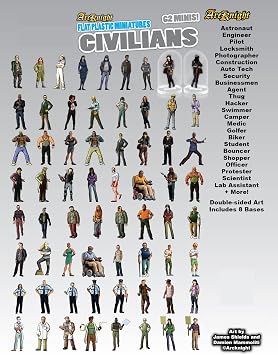 Arcknight Flat Plastic Miniatures: Civilians; 64 Unique Civilian-Themed Minis for Starfinder; Affordable, Skinny Figurines for SF, Shadowrun, and Other Tabletop RPG Games