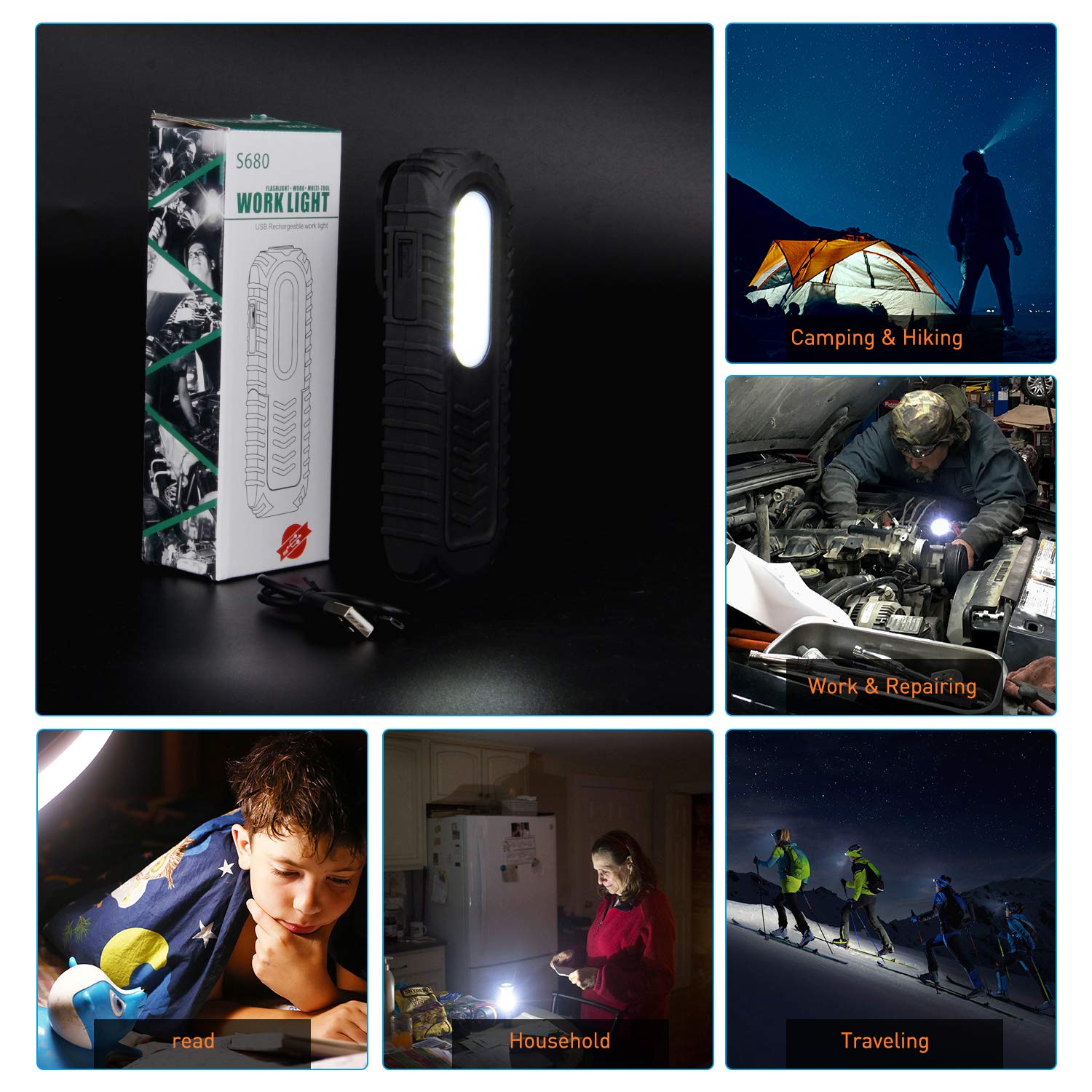 Lampe de Travail Rechargeable, Super Bright 5W COB LED Flood Light et 3W LED Torch avec Support Réglable, Crochet et Base Magnétique Lampe Inspection pour Atelier, Voiture et Utilisation D'urgence