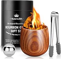 Huanuith Charred Wooden Whiskey Glass 10oz with Stones & Tongs - Handmade Bourbon Gifts for Men, Dad, Husband - Christmas, Birthday, Father's Day