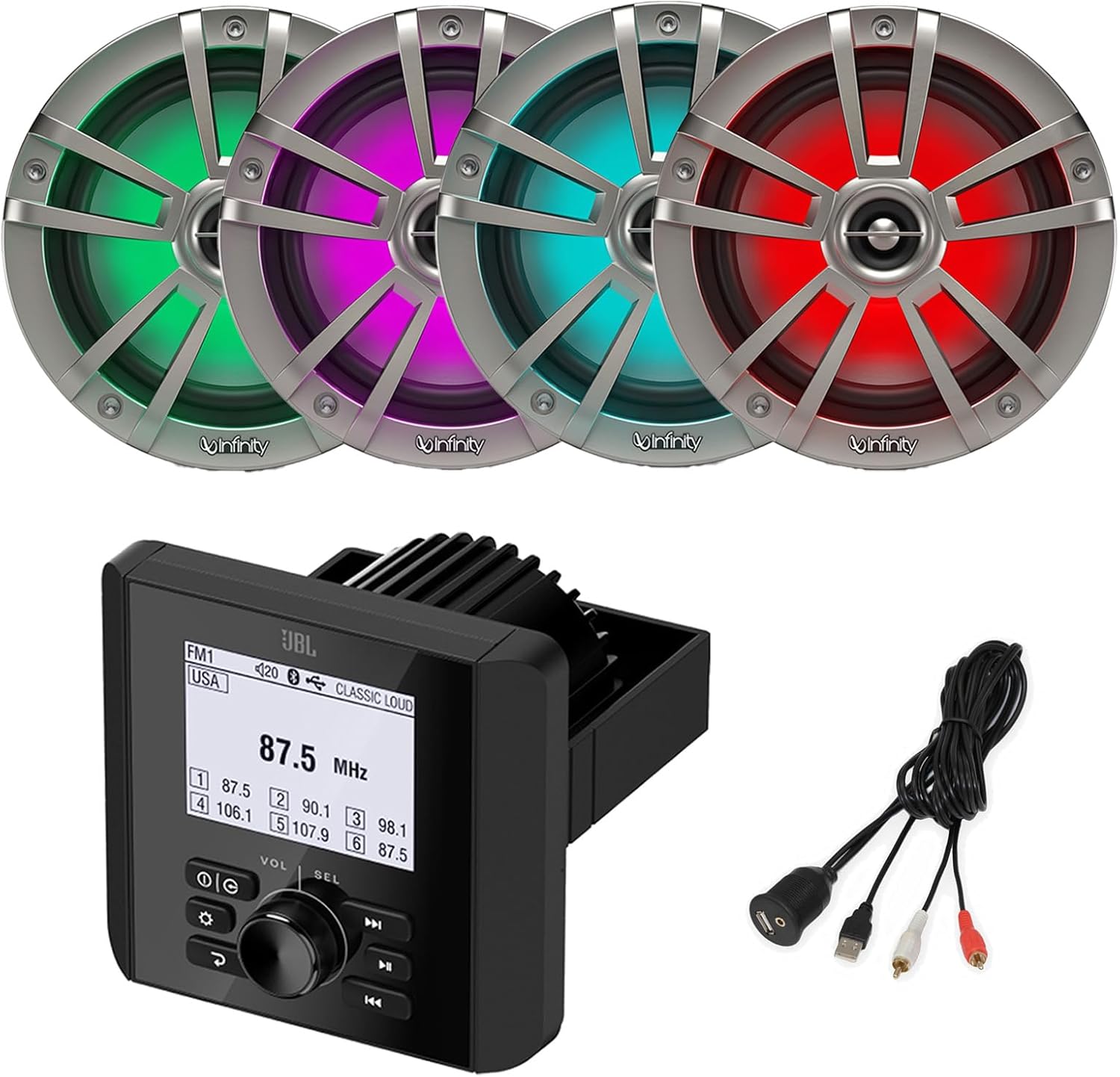 Marine Bluetooth AM/FM Radio Digital Media Receiver, 4X 6.5 225 Watt Max Power 2-Way Multicolor LED Boat Audio Titanium Speakers with USB to AUX Adapter