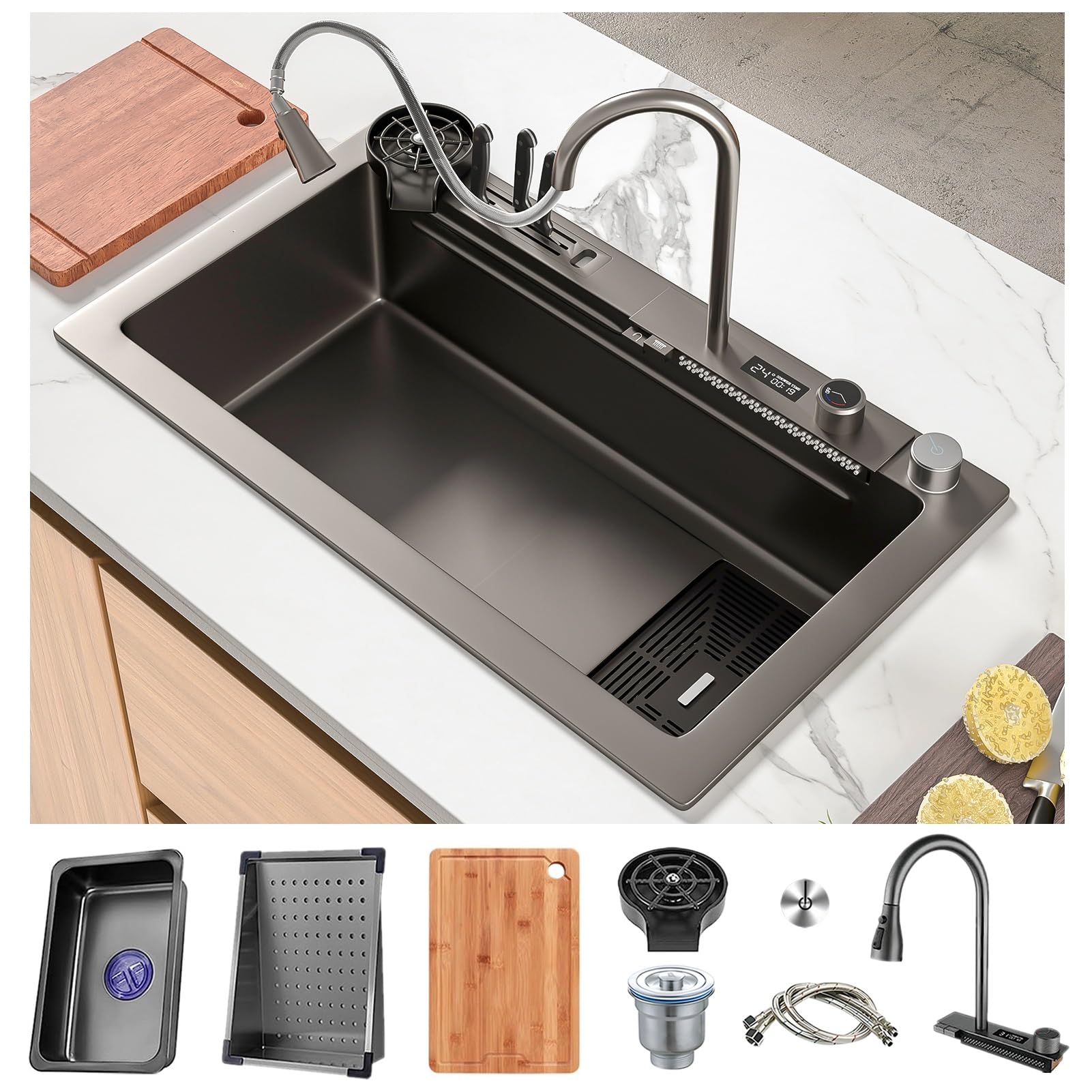 WIQUYBML Waterfall Kitchen Sink With Pull Out Faucet, Cup Washer, Knife Holder & Drain Sets, Stainless Steel Workstation Sink, Wet Bar Prep Extra Large Drain(75x45x22cm)