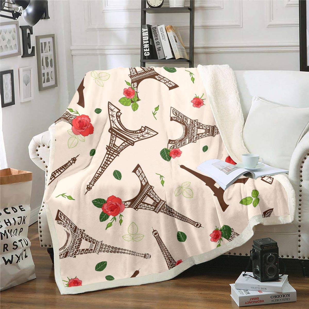 Loussiesd Eiffel Tower Sherpa Blanket Paris Fleece Throw Blanket Paris Cityscape Plush Blanket for Bed Sofa Modern French Romantic Style Fuzzy Blanket Room Decor Double 60"x79"