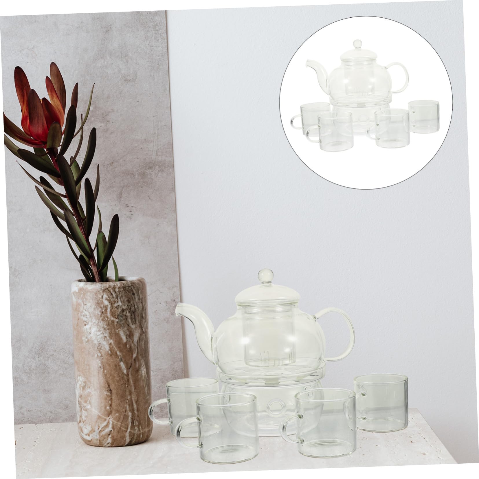 INOOMP Kung Fu Teeservice Glas Teekanne Mit Filter Hitzebeständig Für Zuhause Und Reisen Inkl 4 Tassen Und Stövchen